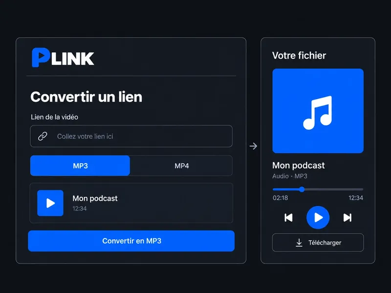 Exemple de résultat : à gauche le formulaire de conversion avec un lien et le format MP3, à droite le fichier « Mon podcast » prêt à écouter, avec un lecteur et un bouton Télécharger.
