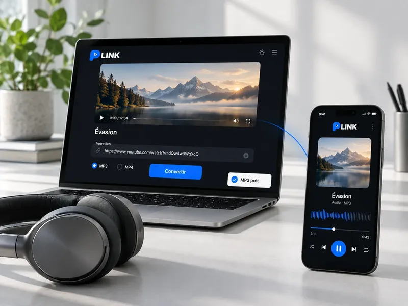 Interface PLINK sur un ordinateur portable : un lien YouTube collé, le format MP3 choisi et la mention « MP3 prêt ». À côté, un téléphone lit le morceau converti.